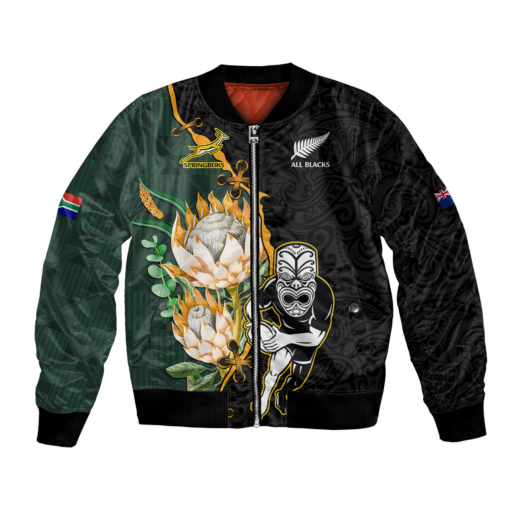 Custom South Africa Protea and New Zealand Bomber Jacket Go All Black-Springboks Rugby with Kente And Maori - Vibe Hoodie Shop