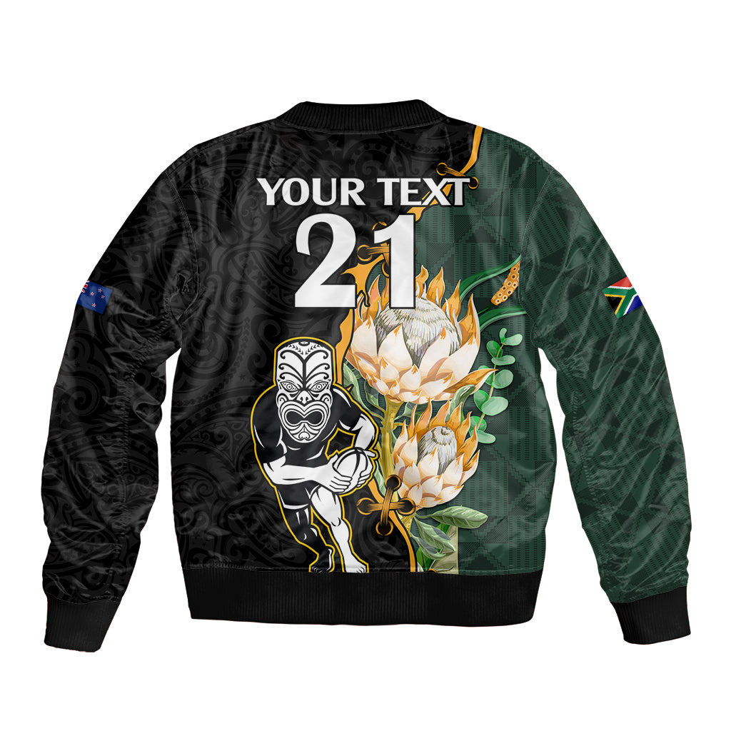 Custom South Africa Protea and New Zealand Bomber Jacket Go All Black-Springboks Rugby with Kente And Maori - Vibe Hoodie Shop