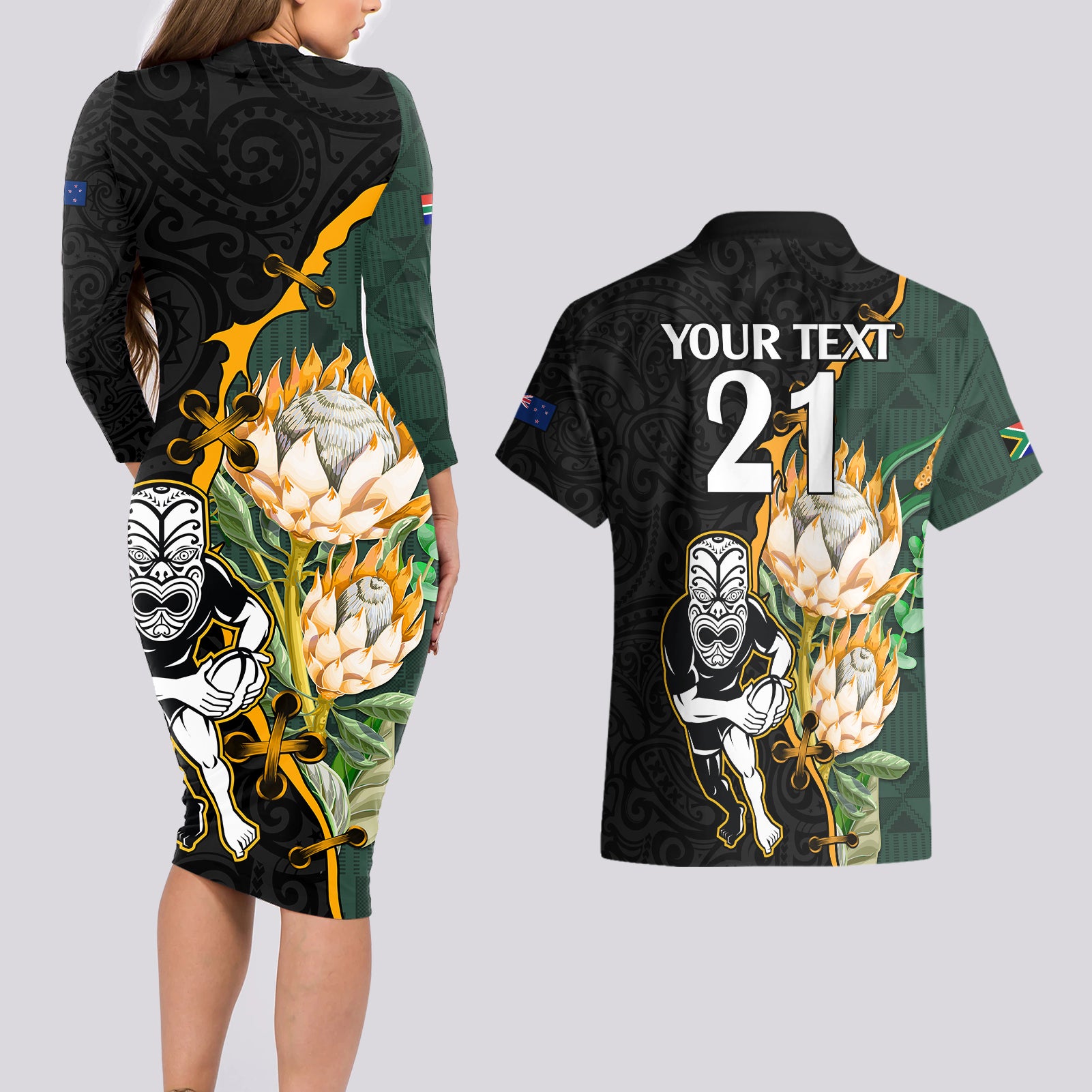 Custom South Africa Protea and New Zealand Couples Matching Long Sleeve Bodycon Dress and Hawaiian Shirt Go All Black-Springboks Rugby with Kente And Maori LT9