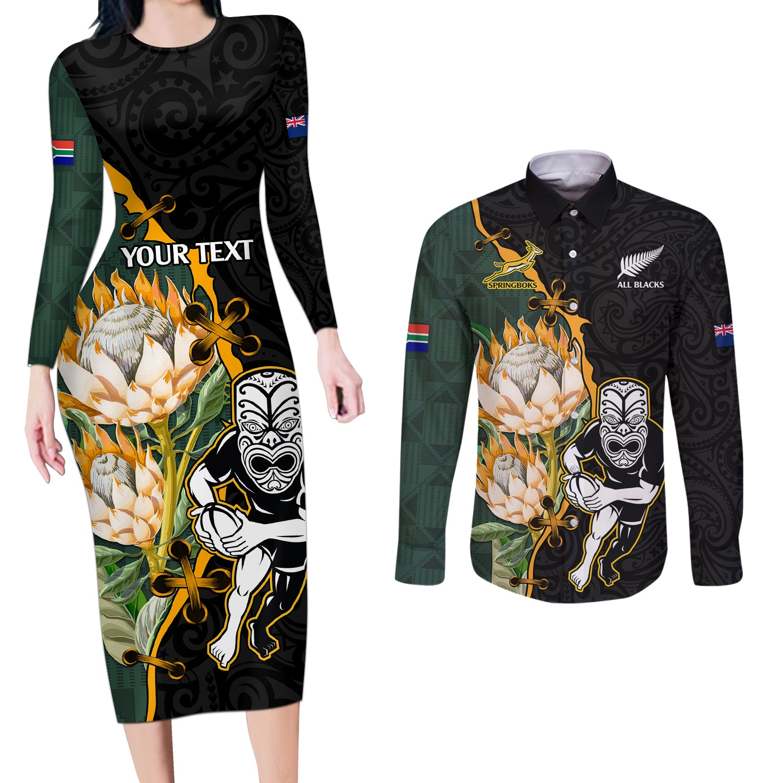 Custom South Africa Protea and New Zealand Couples Matching Long Sleeve Bodycon Dress and Long Sleeve Button Shirts Go All Black-Springboks Rugby with Kente And Maori LT9