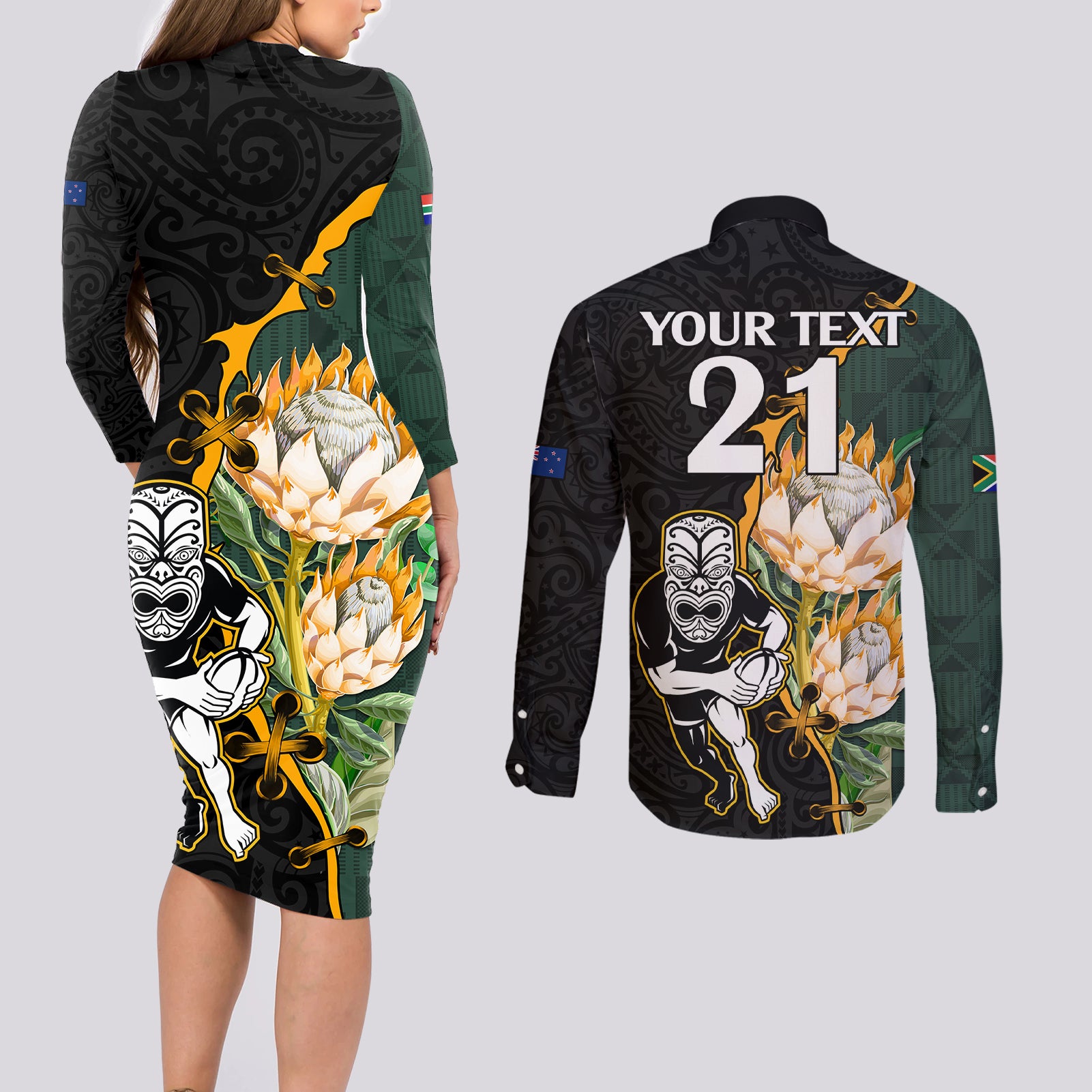 Custom South Africa Protea and New Zealand Couples Matching Long Sleeve Bodycon Dress and Long Sleeve Button Shirts Go All Black-Springboks Rugby with Kente And Maori LT9