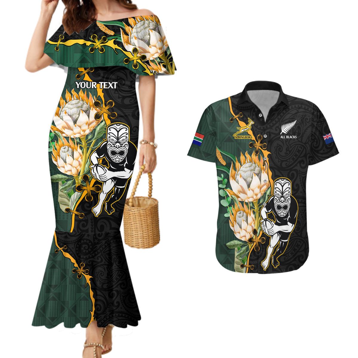 Custom South Africa Protea and New Zealand Couples Matching Mermaid Dress And Hawaiian Shirt Go All Black-Springboks Rugby with Kente And Maori LT9