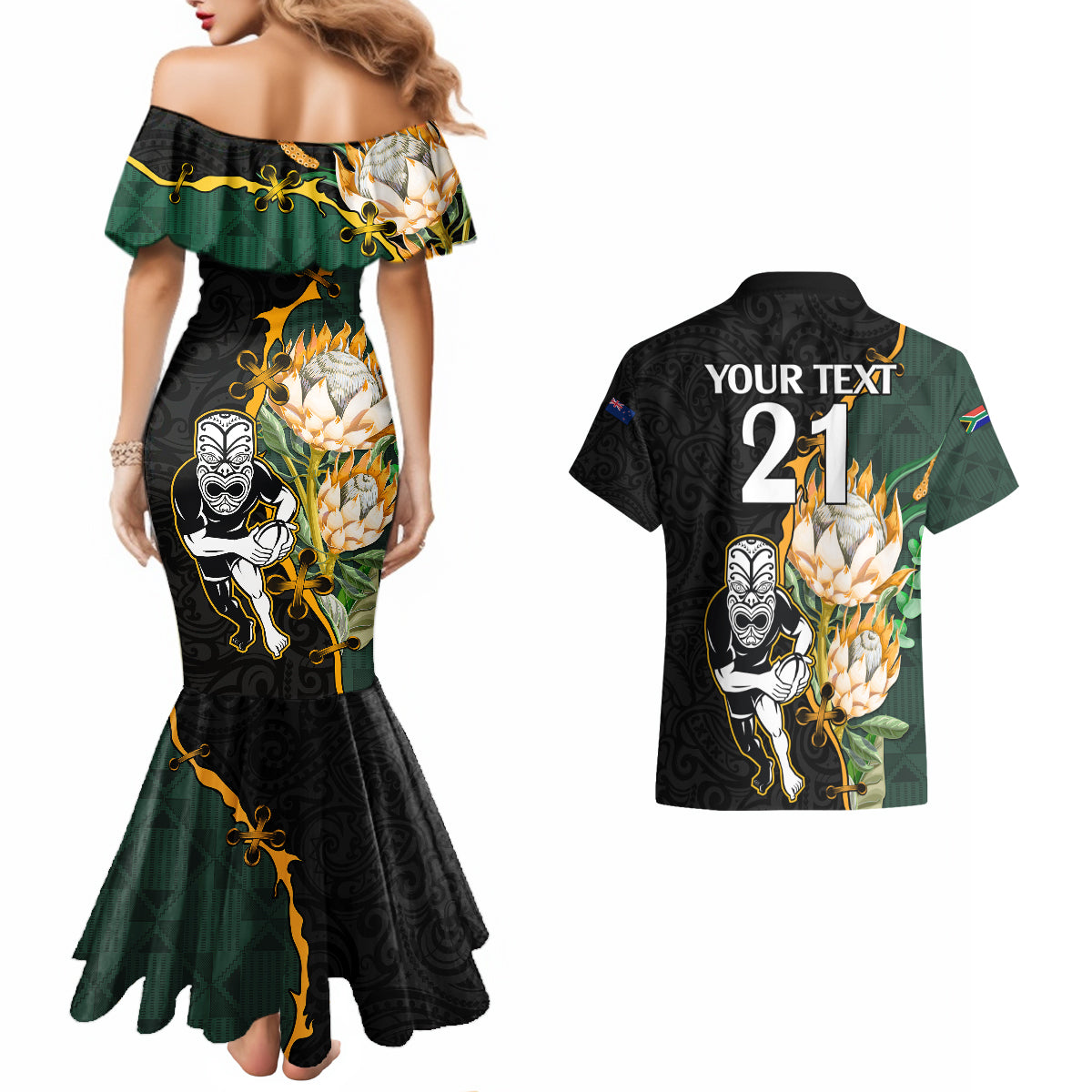 Custom South Africa Protea and New Zealand Couples Matching Mermaid Dress And Hawaiian Shirt Go All Black-Springboks Rugby with Kente And Maori LT9