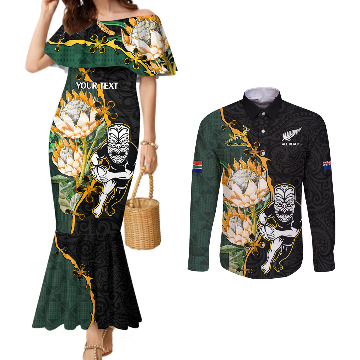 Custom South Africa Protea and New Zealand Couples Matching Mermaid Dress and Long Sleeve Button Shirts Go All Black-Springboks Rugby with Kente And Maori LT9