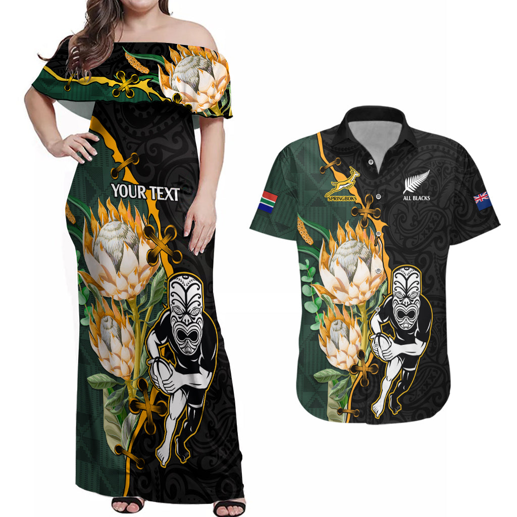 Custom South Africa Protea and New Zealand Couples Matching Off Shoulder Maxi Dress and Hawaiian Shirt Go All Black-Springboks Rugby with Kente And Maori LT9