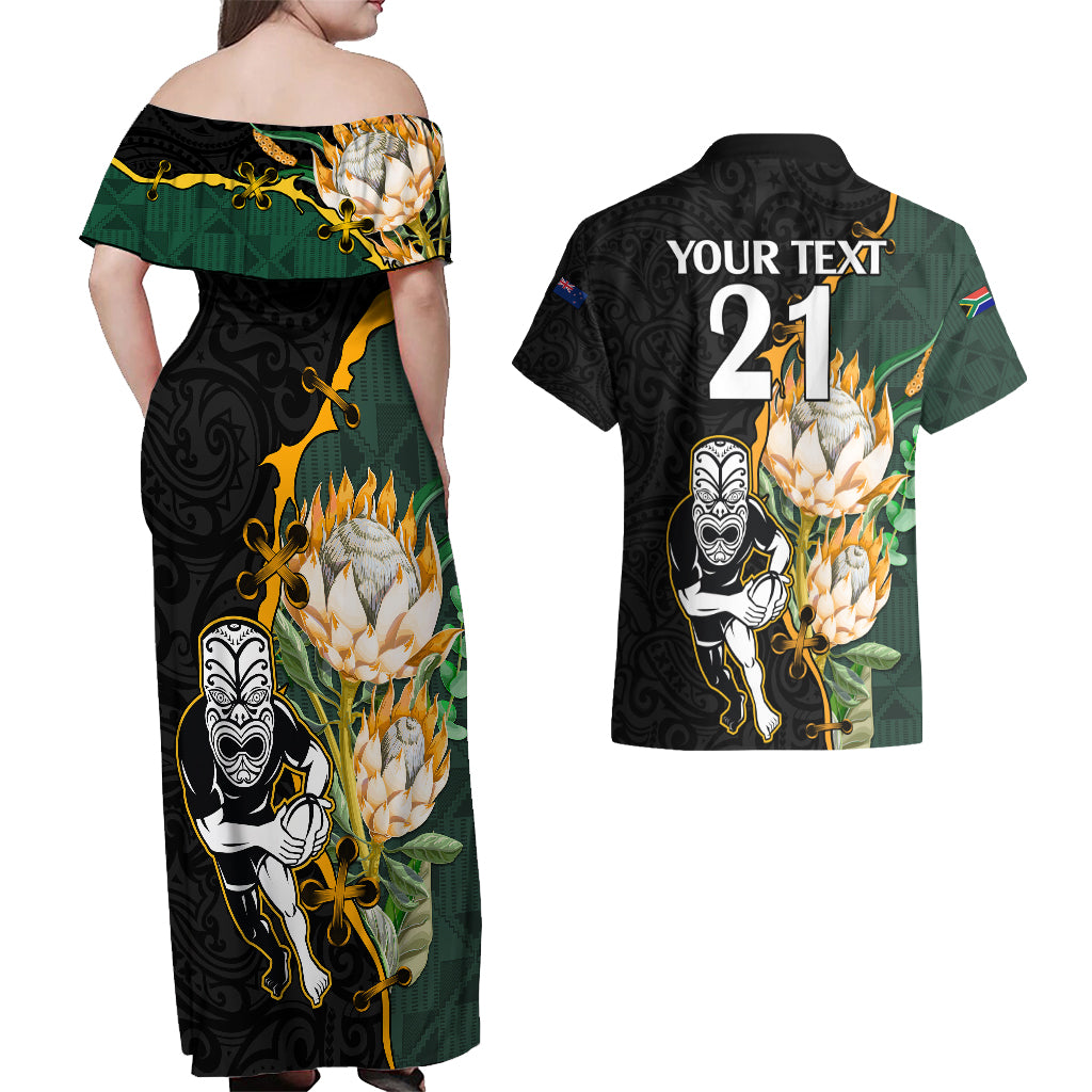 Custom South Africa Protea and New Zealand Couples Matching Off Shoulder Maxi Dress and Hawaiian Shirt Go All Black-Springboks Rugby with Kente And Maori LT9