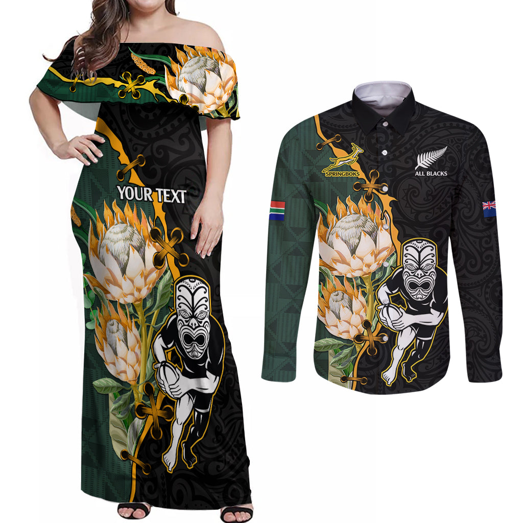 Custom South Africa Protea and New Zealand Couples Matching Off Shoulder Maxi Dress and Long Sleeve Button Shirts Go All Black-Springboks Rugby with Kente And Maori LT9