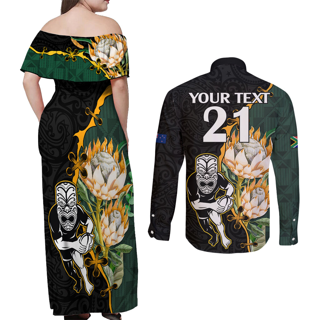 Custom South Africa Protea and New Zealand Couples Matching Off Shoulder Maxi Dress and Long Sleeve Button Shirts Go All Black-Springboks Rugby with Kente And Maori LT9