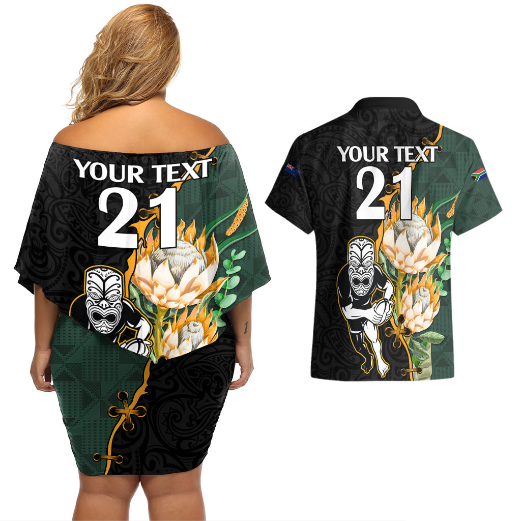 Custom South Africa Protea and New Zealand Couples Matching Off Shoulder Short Dress and Hawaiian Shirt Go All Black-Springboks Rugby with Kente And Maori LT9