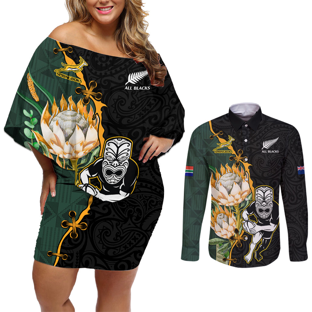 Custom South Africa Protea and New Zealand Couples Matching Off Shoulder Short Dress and Long Sleeve Button Shirts Go All Black-Springboks Rugby with Kente And Maori LT9