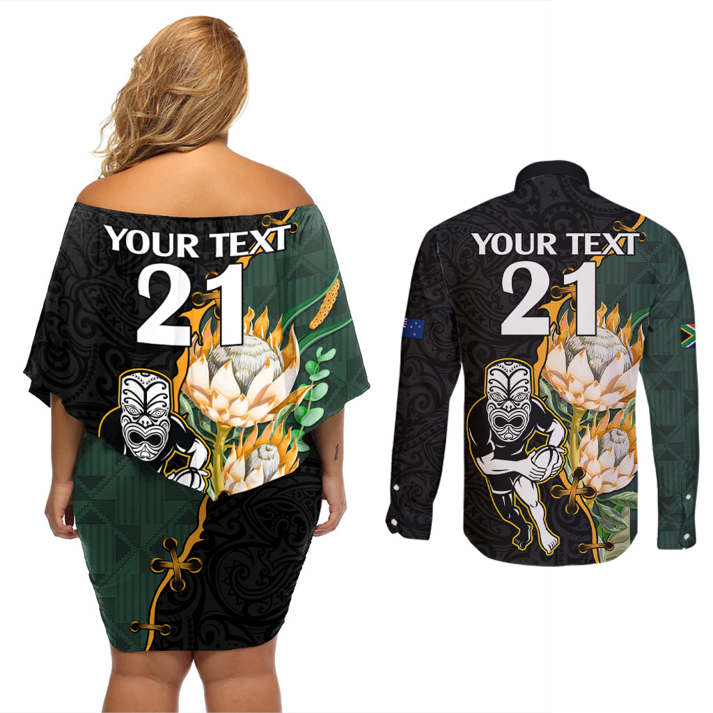 Custom South Africa Protea and New Zealand Couples Matching Off Shoulder Short Dress and Long Sleeve Button Shirts Go All Black-Springboks Rugby with Kente And Maori LT9