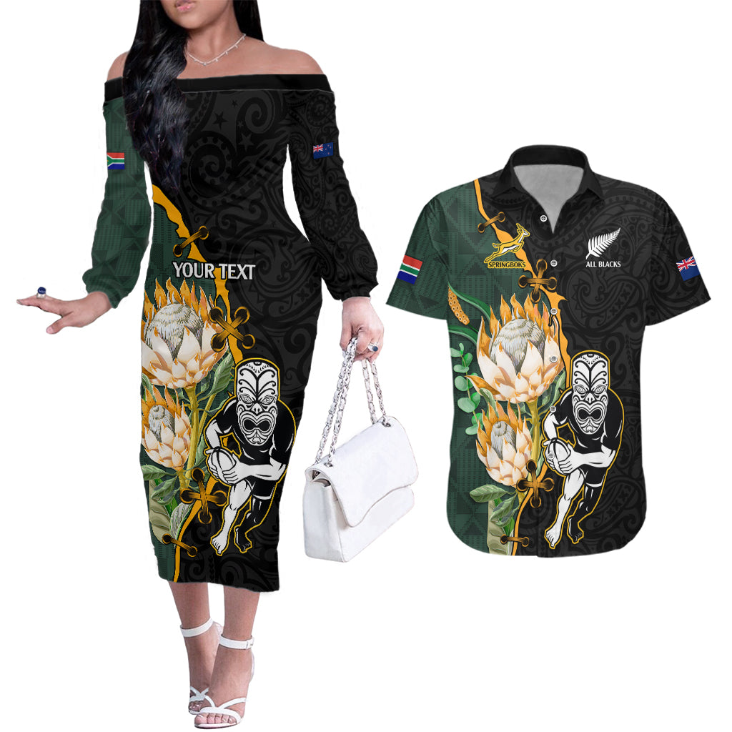 Custom South Africa Protea and New Zealand Couples Matching Off The Shoulder Long Sleeve Dress and Hawaiian Shirt Go All Black-Springboks Rugby with Kente And Maori LT9