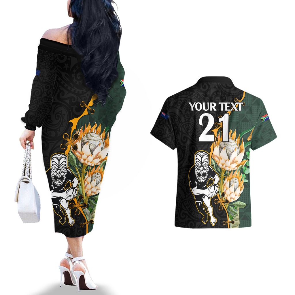 Custom South Africa Protea and New Zealand Couples Matching Off The Shoulder Long Sleeve Dress and Hawaiian Shirt Go All Black-Springboks Rugby with Kente And Maori LT9