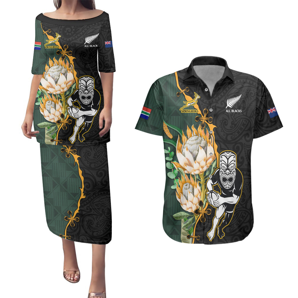 Custom South Africa Protea and New Zealand Couples Matching Puletasi Dress and Hawaiian Shirt Go All Black-Springboks Rugby with Kente And Maori LT9