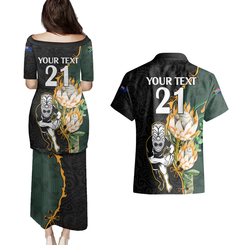 Custom South Africa Protea and New Zealand Couples Matching Puletasi Dress and Hawaiian Shirt Go All Black-Springboks Rugby with Kente And Maori LT9