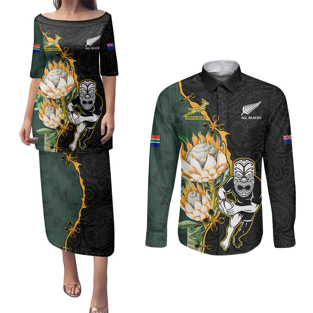 Custom South Africa Protea and New Zealand Couples Matching Puletasi Dress and Long Sleeve Button Shirts Go All Black-Springboks Rugby with Kente And Maori LT9