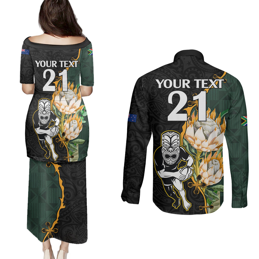 Custom South Africa Protea and New Zealand Couples Matching Puletasi Dress and Long Sleeve Button Shirts Go All Black-Springboks Rugby with Kente And Maori LT9