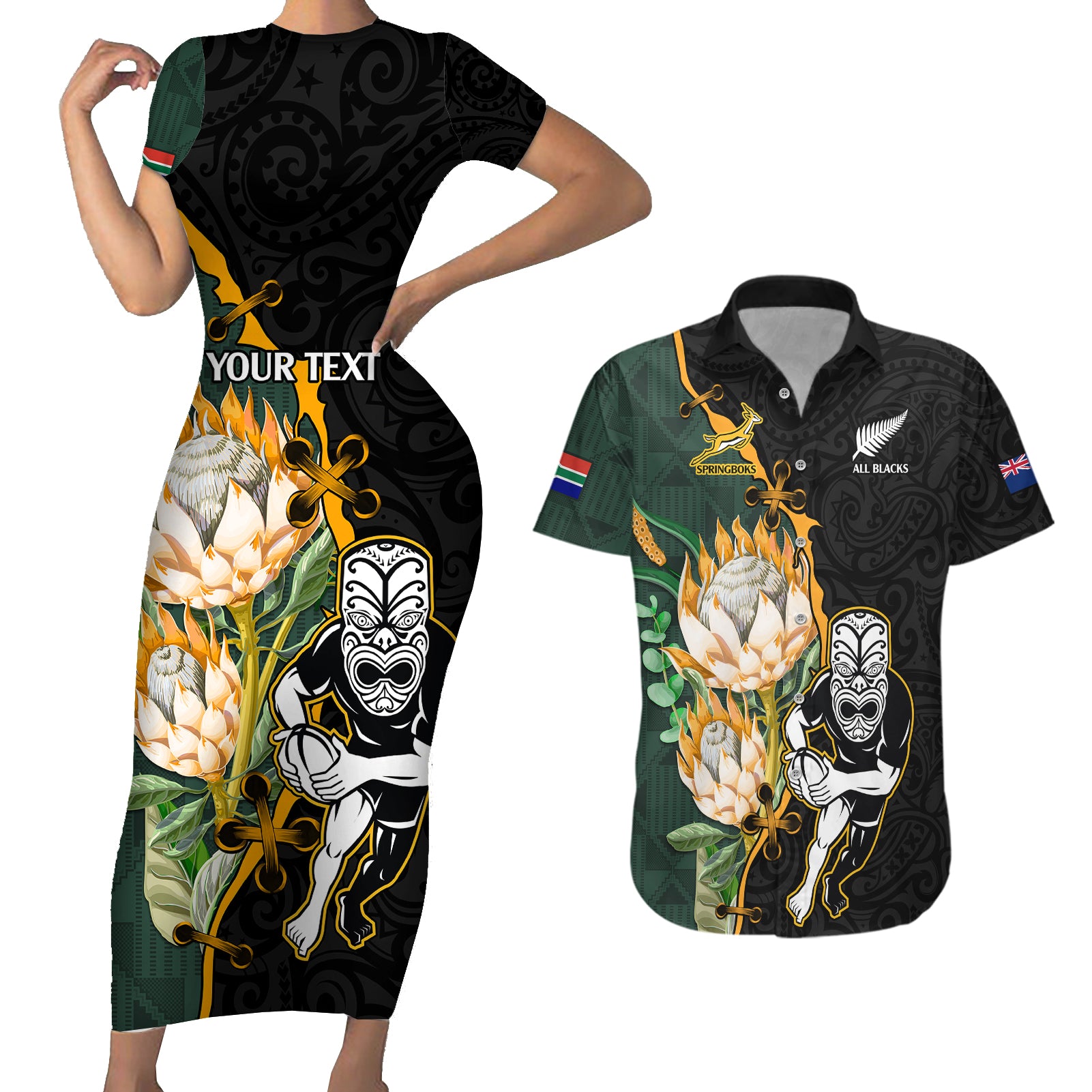 Custom South Africa Protea and New Zealand Couples Matching Short Sleeve Bodycon Dress and Hawaiian Shirt Go All Black-Springboks Rugby with Kente And Maori LT9