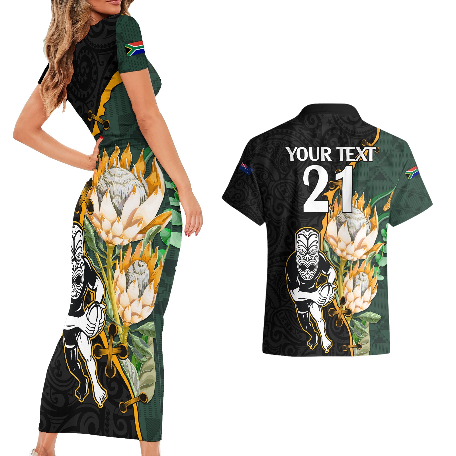 Custom South Africa Protea and New Zealand Couples Matching Short Sleeve Bodycon Dress and Hawaiian Shirt Go All Black-Springboks Rugby with Kente And Maori LT9