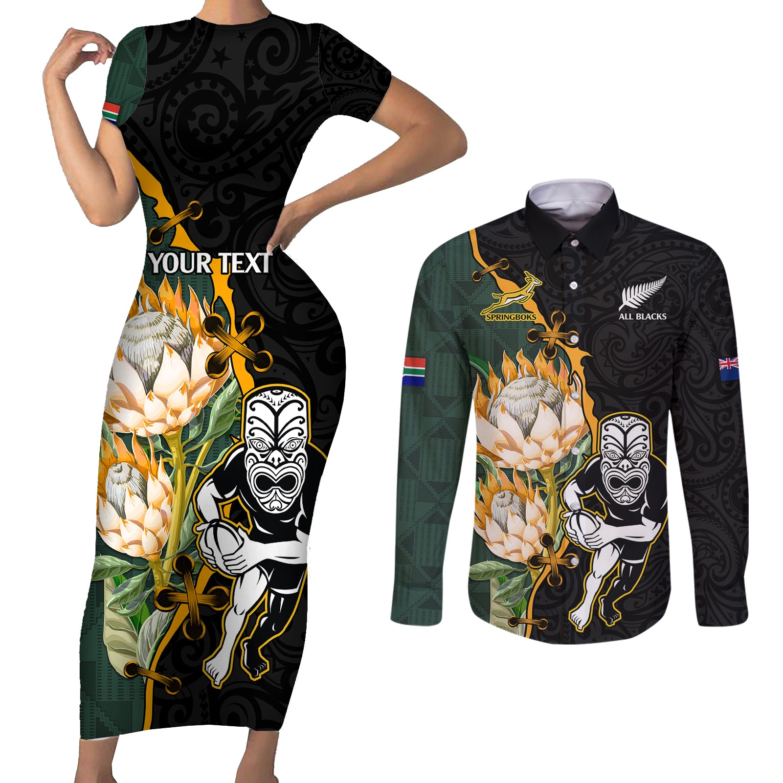 Custom South Africa Protea and New Zealand Couples Matching Short Sleeve Bodycon Dress and Long Sleeve Button Shirts Go All Black-Springboks Rugby with Kente And Maori LT9