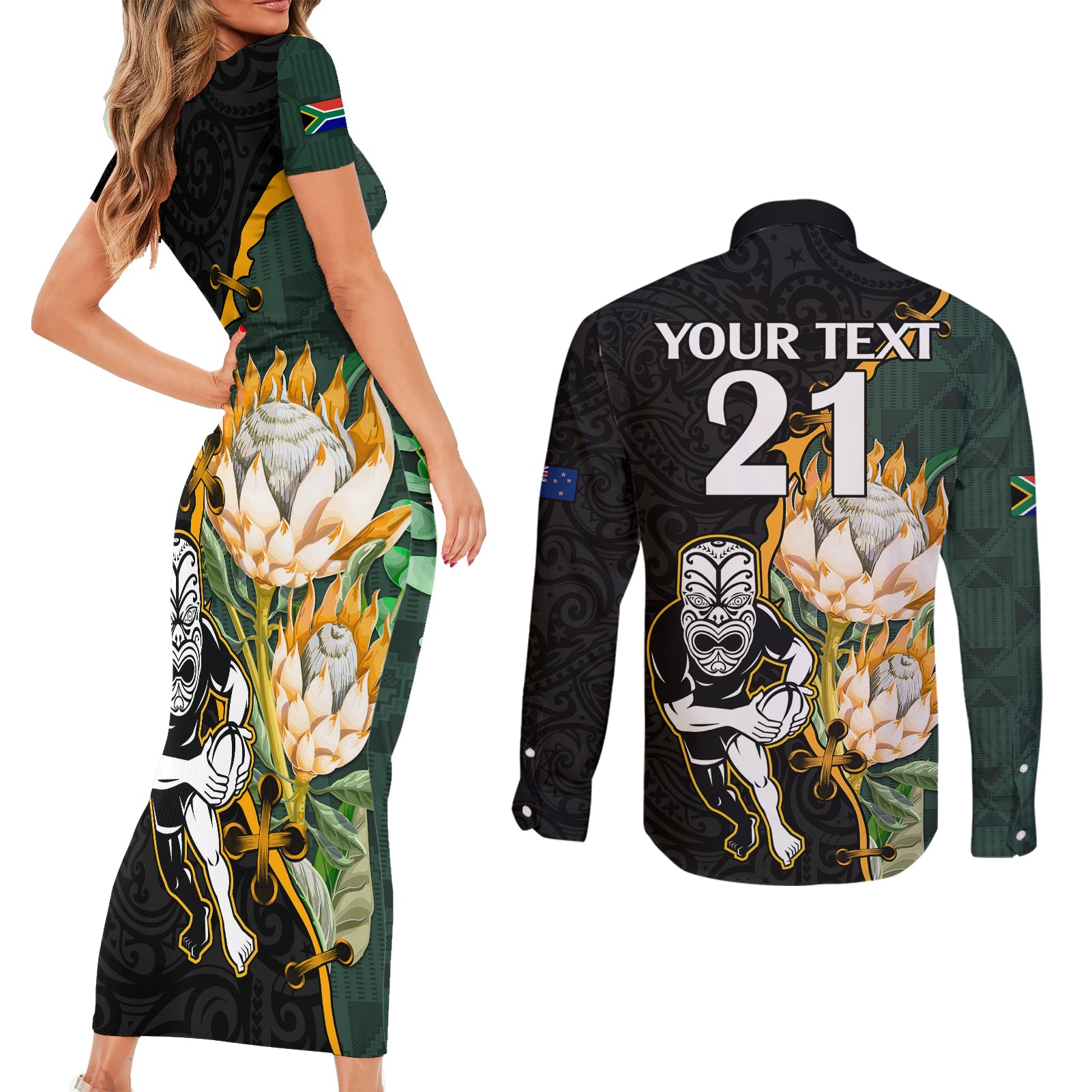 Custom South Africa Protea and New Zealand Couples Matching Short Sleeve Bodycon Dress and Long Sleeve Button Shirts Go All Black-Springboks Rugby with Kente And Maori LT9