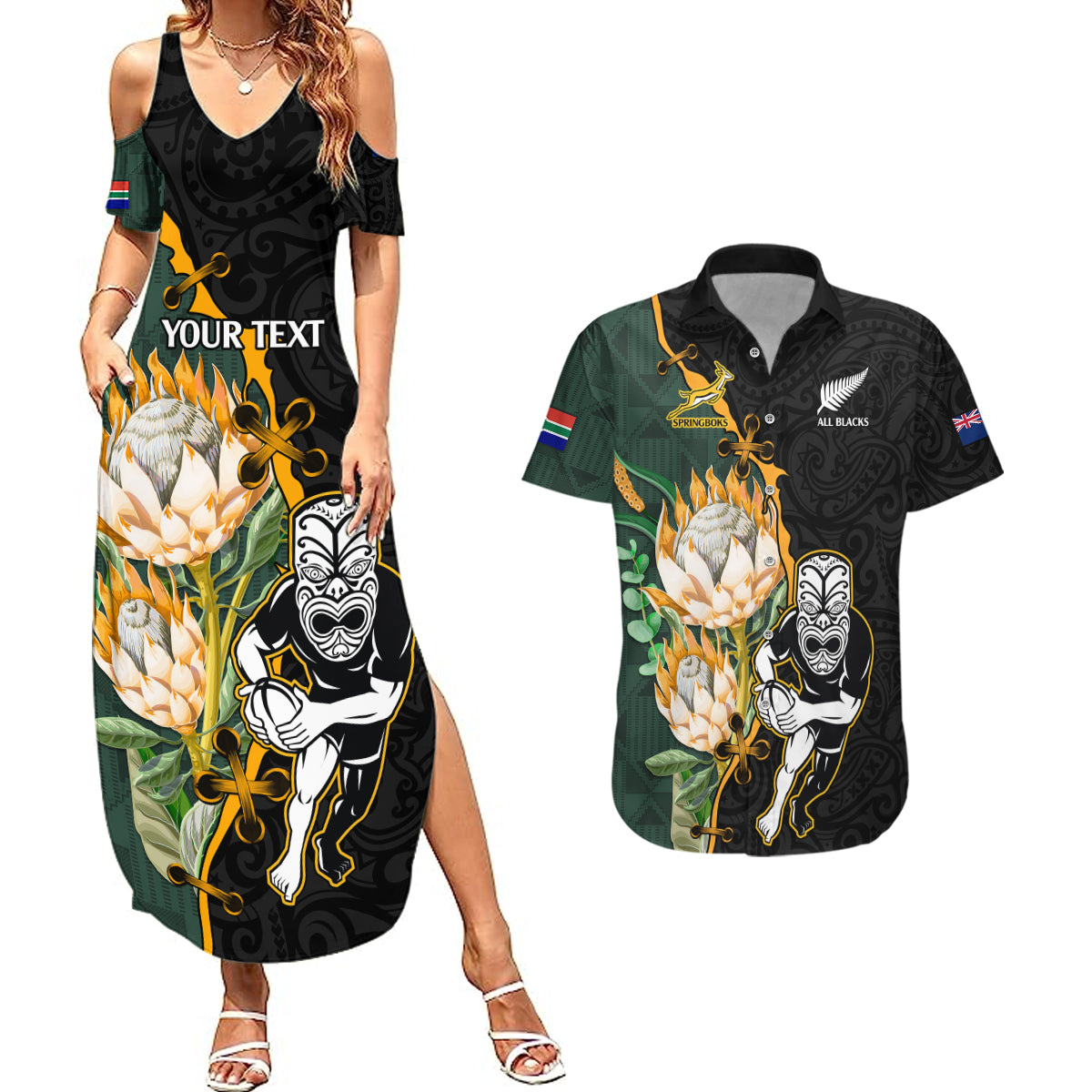 Custom South Africa Protea and New Zealand Couples Matching Summer Maxi Dress and Hawaiian Shirt Go All Black-Springboks Rugby with Kente And Maori LT9