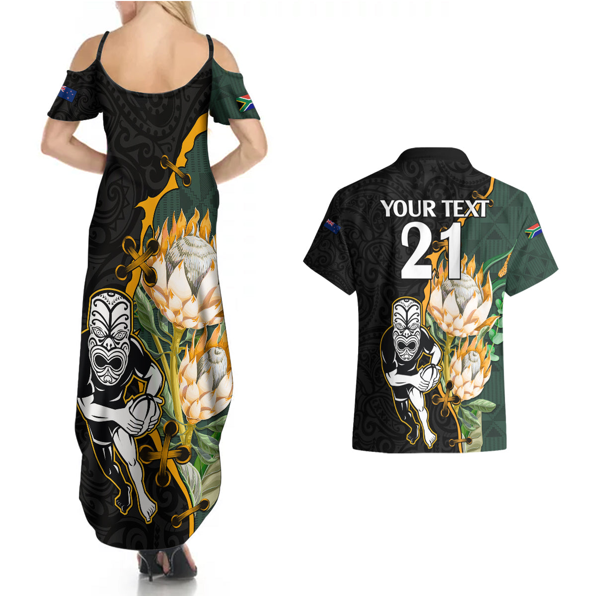 Custom South Africa Protea and New Zealand Couples Matching Summer Maxi Dress and Hawaiian Shirt Go All Black-Springboks Rugby with Kente And Maori LT9