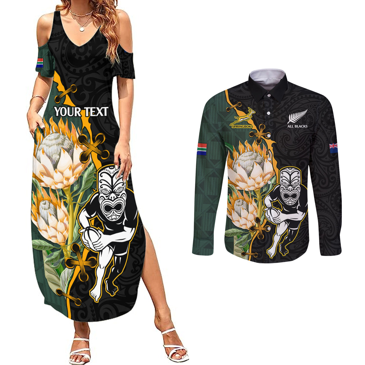 Custom South Africa Protea and New Zealand Couples Matching Summer Maxi Dress and Long Sleeve Button Shirts Go All Black-Springboks Rugby with Kente And Maori LT9