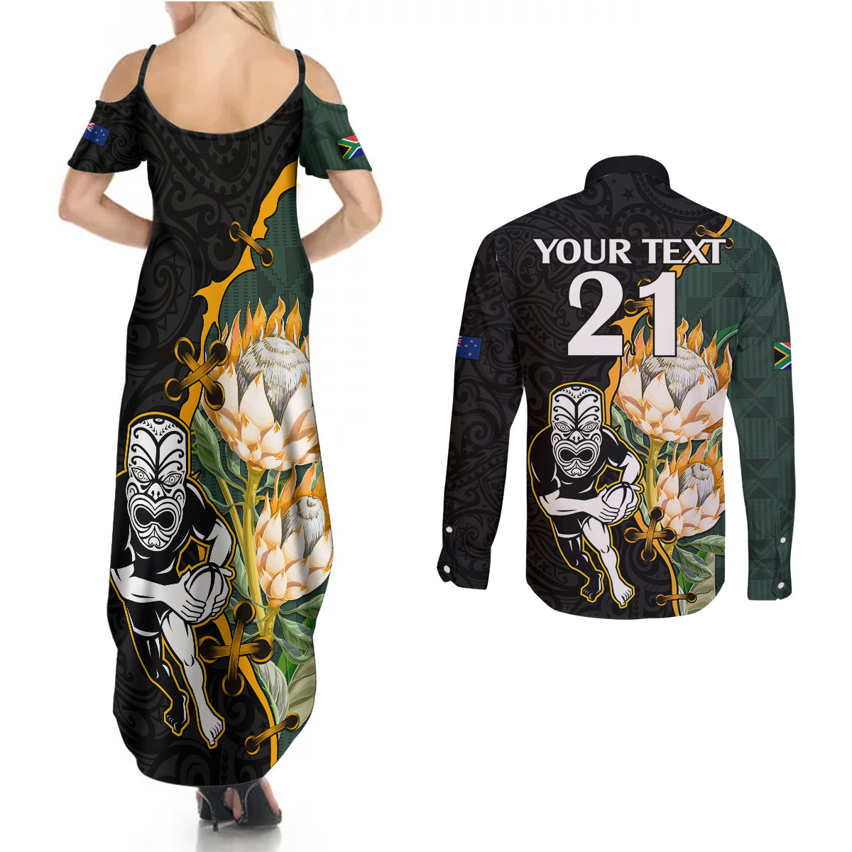 Custom South Africa Protea and New Zealand Couples Matching Summer Maxi Dress and Long Sleeve Button Shirts Go All Black-Springboks Rugby with Kente And Maori LT9