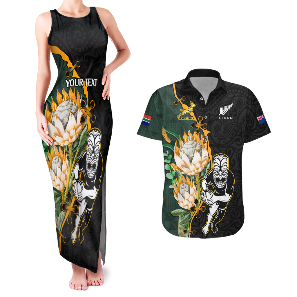 Custom South Africa Protea and New Zealand Couples Matching Tank Maxi Dress And Hawaiian Shirt Go All Black-Springboks Rugby with Kente And Maori LT9