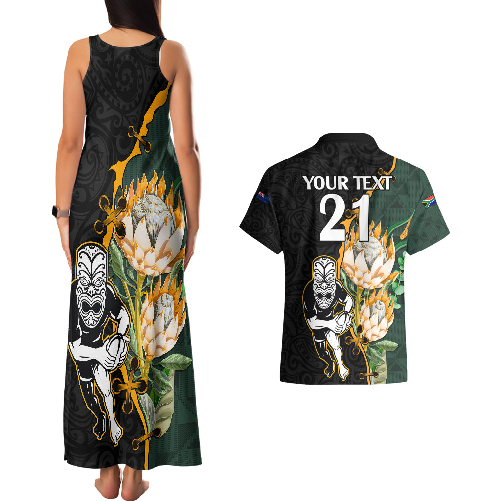 Custom South Africa Protea and New Zealand Couples Matching Tank Maxi Dress And Hawaiian Shirt Go All Black-Springboks Rugby with Kente And Maori LT9