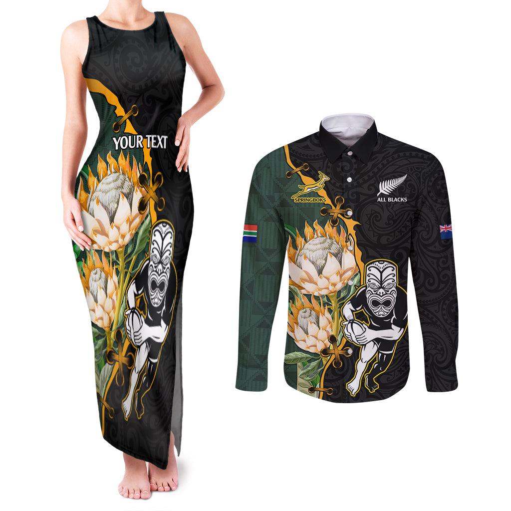 Custom South Africa Protea and New Zealand Couples Matching Tank Maxi Dress and Long Sleeve Button Shirts Go All Black-Springboks Rugby with Kente And Maori LT9