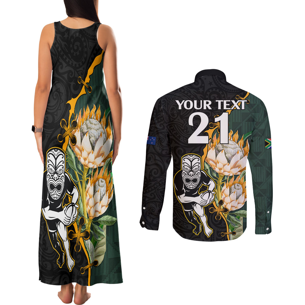 Custom South Africa Protea and New Zealand Couples Matching Tank Maxi Dress and Long Sleeve Button Shirts Go All Black-Springboks Rugby with Kente And Maori LT9