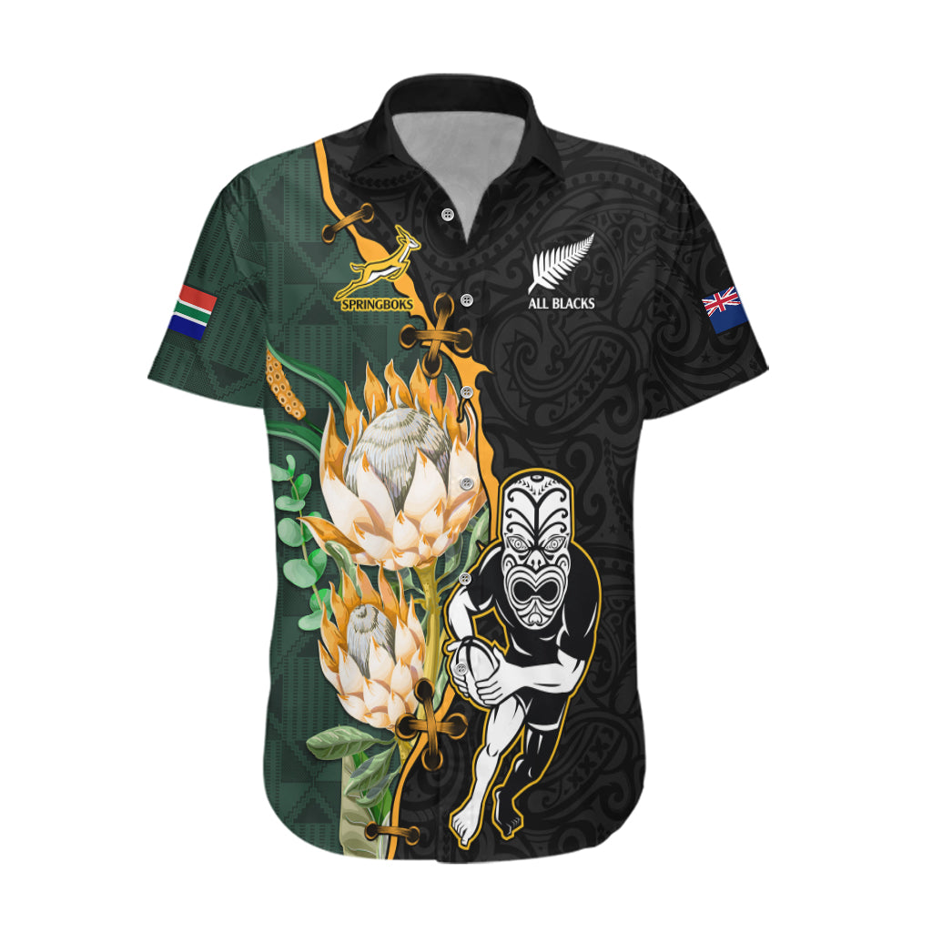 Custom South Africa Protea and New Zealand Hawaiian Shirt Go All Black-Springboks Rugby with Kente And Maori - Vibe Hoodie Shop