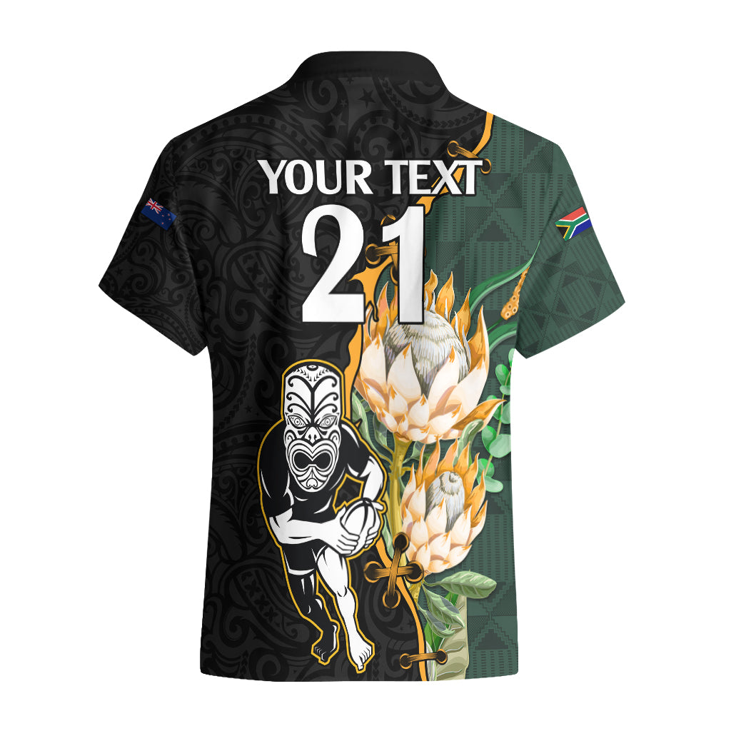 Custom South Africa Protea and New Zealand Hawaiian Shirt Go All Black-Springboks Rugby with Kente And Maori - Vibe Hoodie Shop