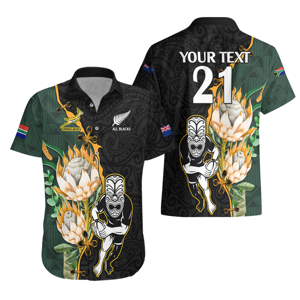 Custom South Africa Protea and New Zealand Hawaiian Shirt Go All Black-Springboks Rugby with Kente And Maori - Vibe Hoodie Shop