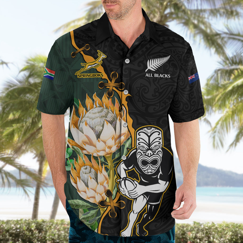 Custom South Africa Protea and New Zealand Hawaiian Shirt Go All Black-Springboks Rugby with Kente And Maori - Vibe Hoodie Shop