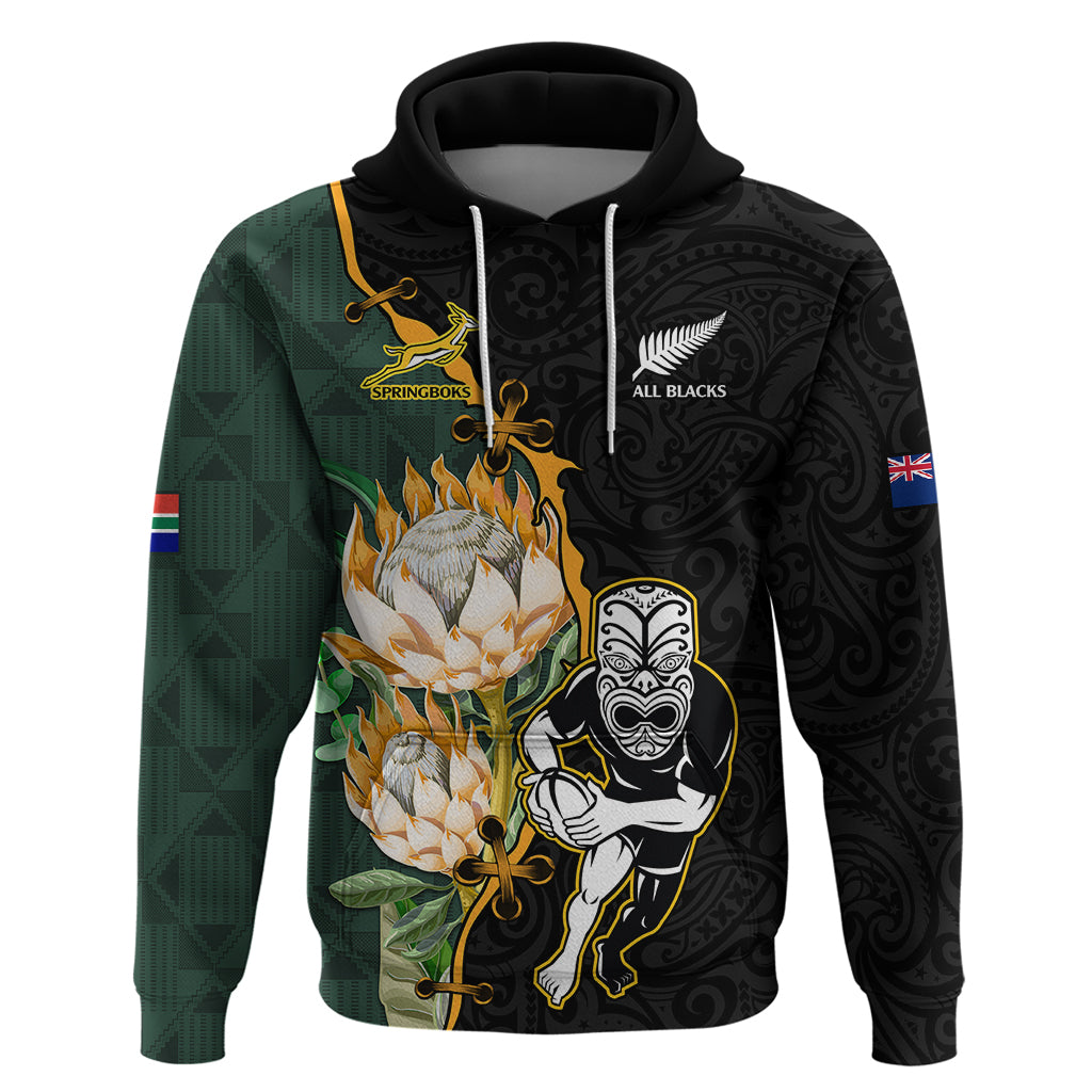 Custom South Africa Protea and New Zealand Hoodie Dress Go All Black-Springboks Rugby with Kente And Maori - Vibe Hoodie Shop