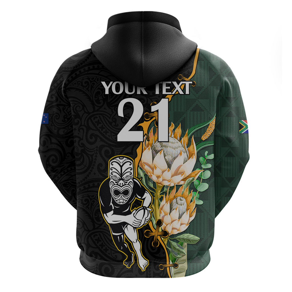 Custom South Africa Protea and New Zealand Hoodie Dress Go All Black-Springboks Rugby with Kente And Maori - Vibe Hoodie Shop