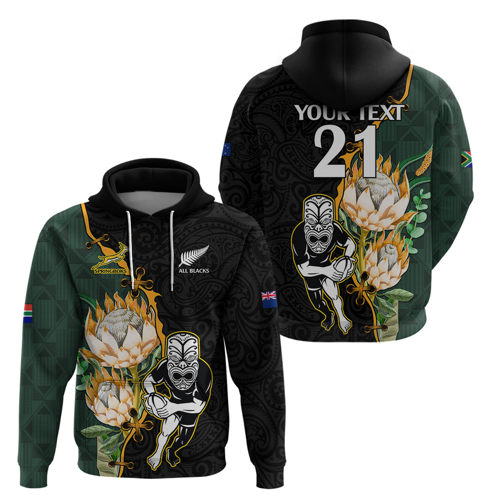 Custom South Africa Protea and New Zealand Hoodie Dress Go All Black-Springboks Rugby with Kente And Maori - Vibe Hoodie Shop