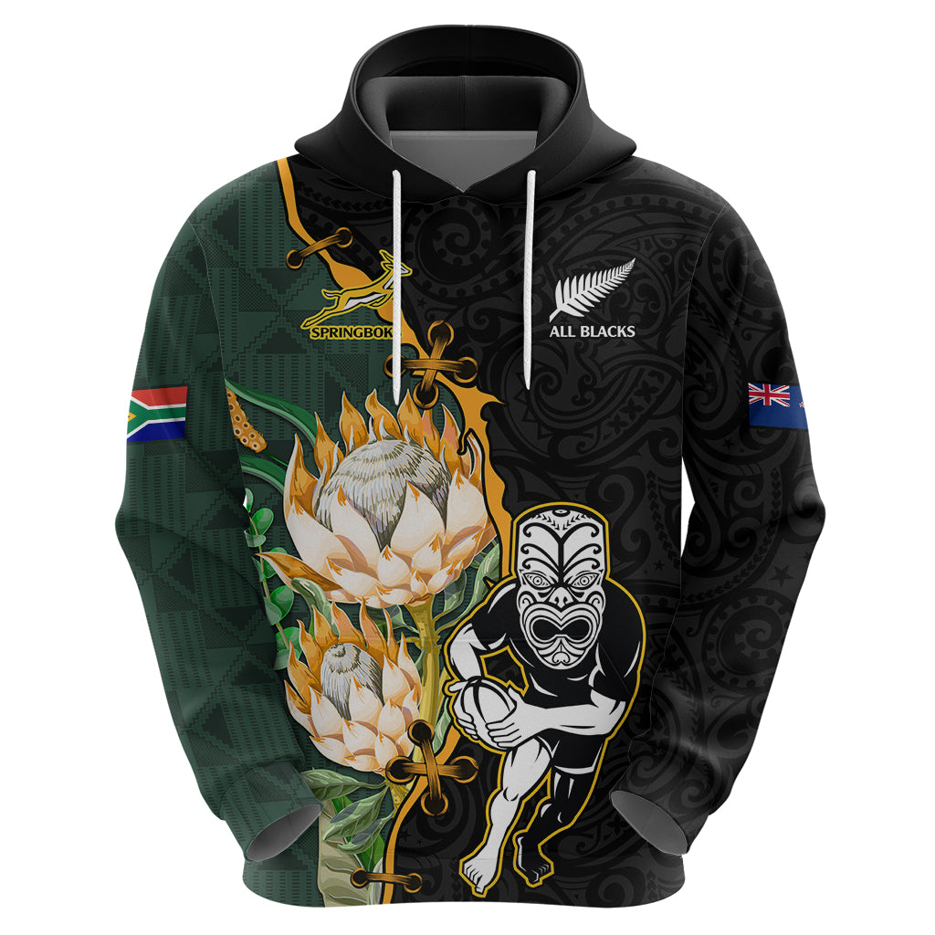 Custom South Africa Protea and New Zealand Hoodie Dress Go All Black-Springboks Rugby with Kente And Maori - Vibe Hoodie Shop