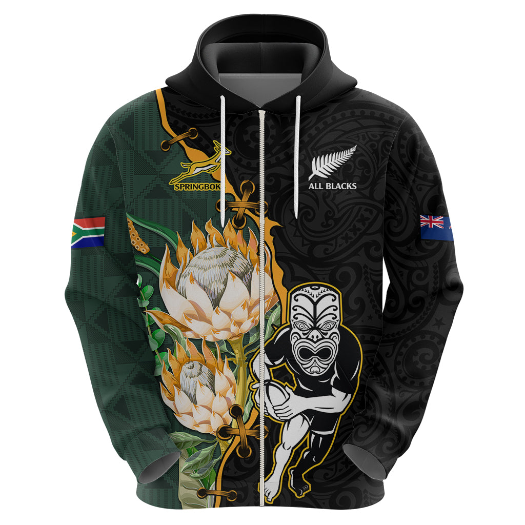 Custom South Africa Protea and New Zealand Hoodie Dress Go All Black-Springboks Rugby with Kente And Maori - Vibe Hoodie Shop