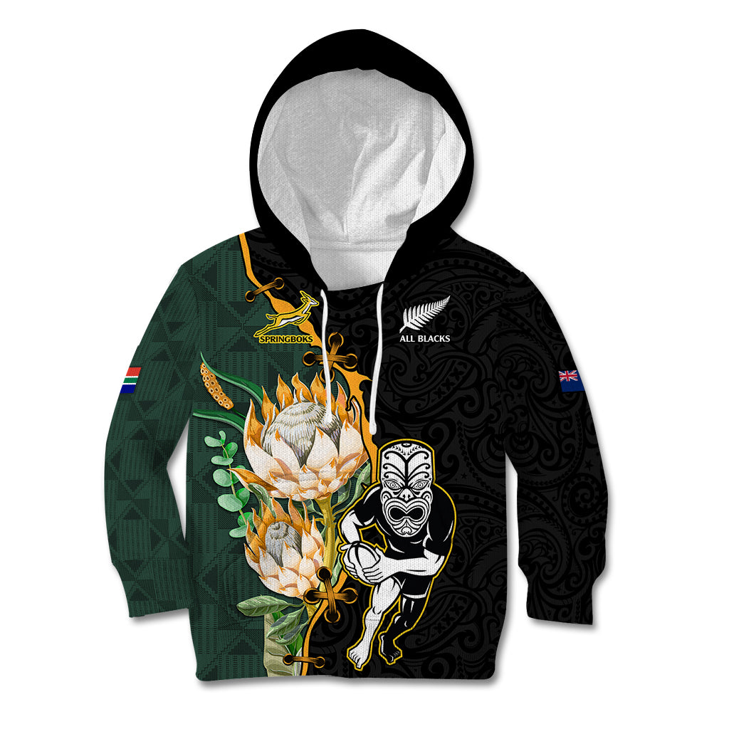 Custom South Africa Protea and New Zealand Kid Hoodie Go All Black-Springboks Rugby with Kente And Maori - Vibe Hoodie Shop