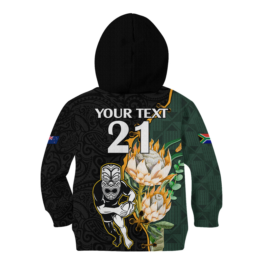 Custom South Africa Protea and New Zealand Kid Hoodie Go All Black-Springboks Rugby with Kente And Maori - Vibe Hoodie Shop