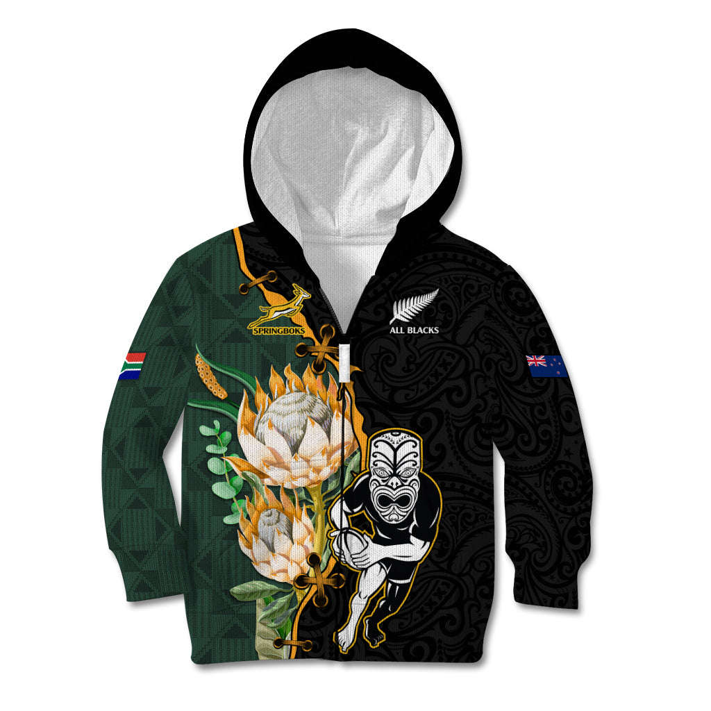 Custom South Africa Protea and New Zealand Kid Hoodie Go All Black-Springboks Rugby with Kente And Maori - Vibe Hoodie Shop