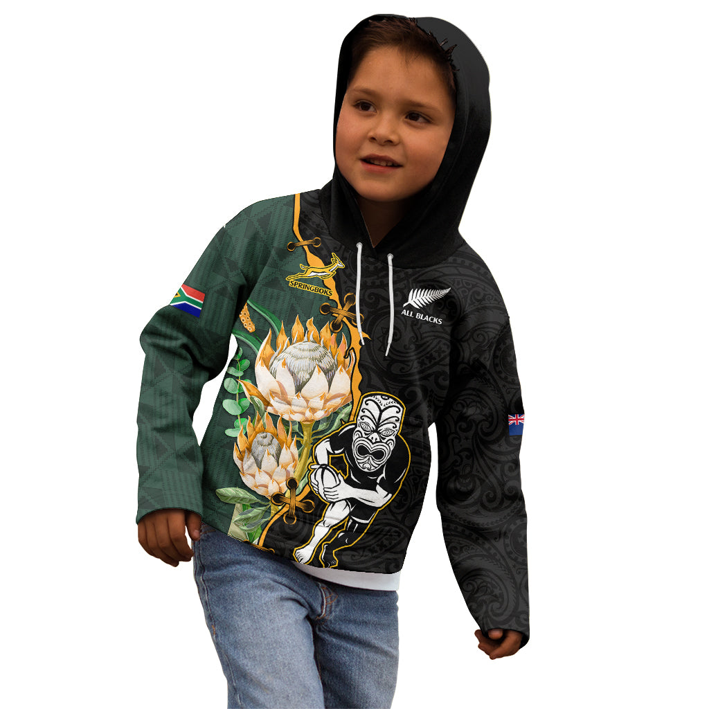 Custom South Africa Protea and New Zealand Kid Hoodie Go All Black-Springboks Rugby with Kente And Maori - Vibe Hoodie Shop