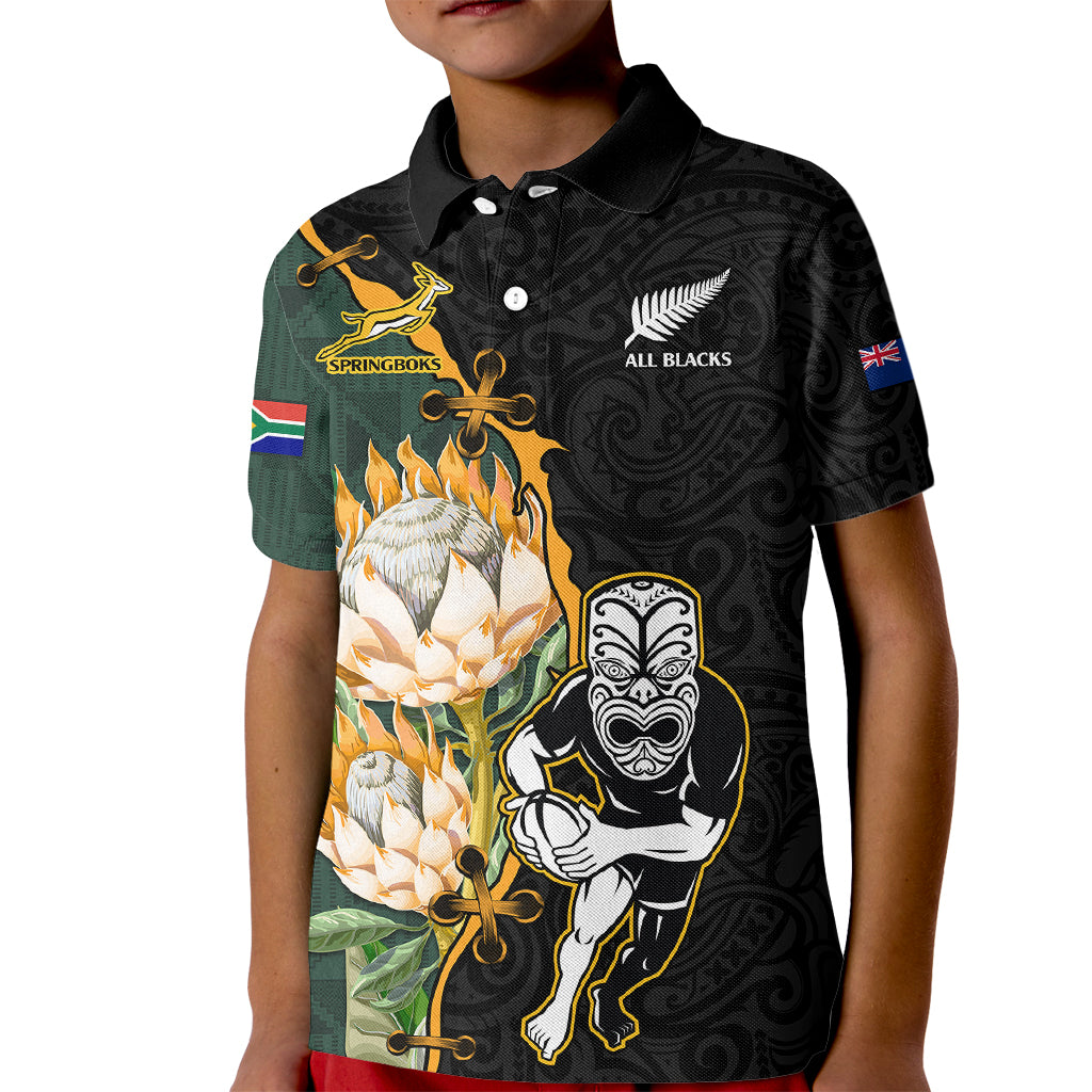 Custom South Africa Protea and New Zealand Kid Polo Shirt Go All Black-Springboks Rugby with Kente And Maori - Vibe Hoodie Shop