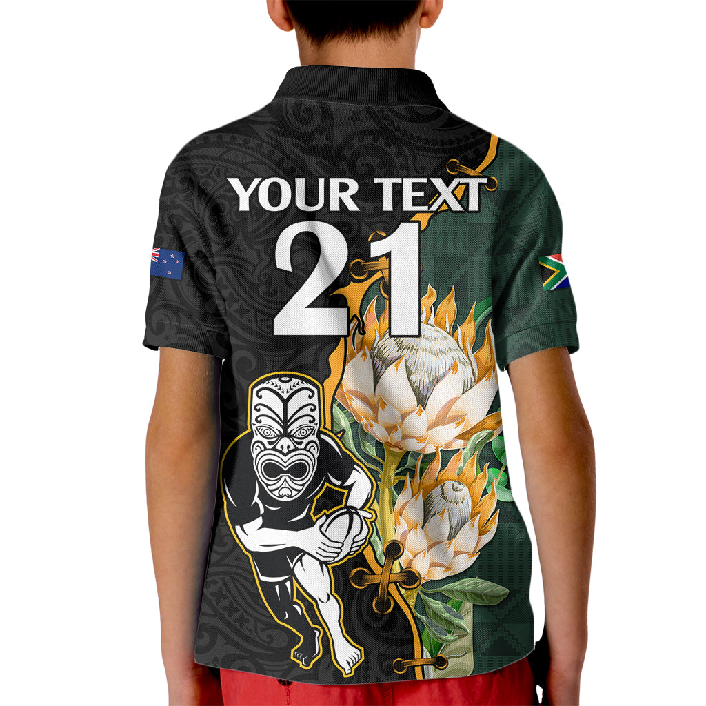 Custom South Africa Protea and New Zealand Kid Polo Shirt Go All Black-Springboks Rugby with Kente And Maori - Vibe Hoodie Shop