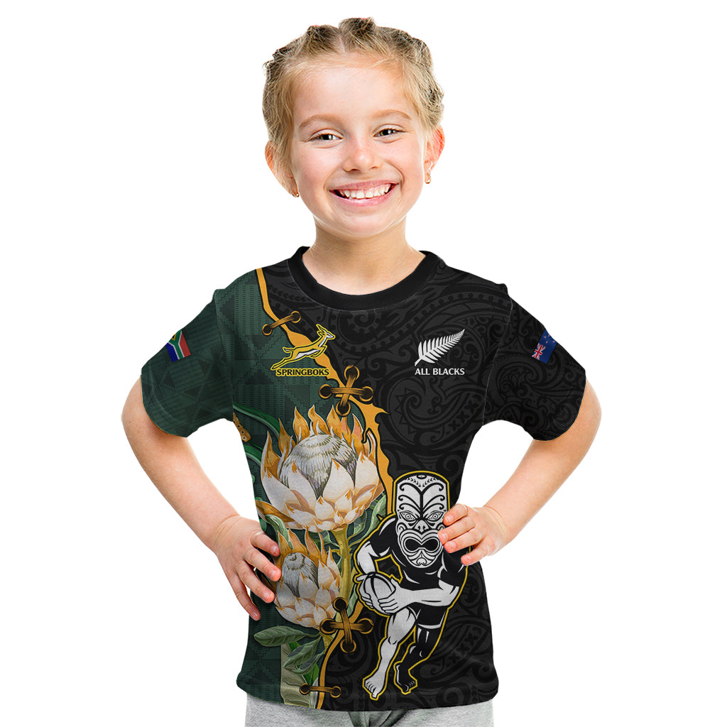 Custom South Africa Protea and New Zealand Kid T Shirt Go All Black-Springboks Rugby with Kente And Maori - Vibe Hoodie Shop