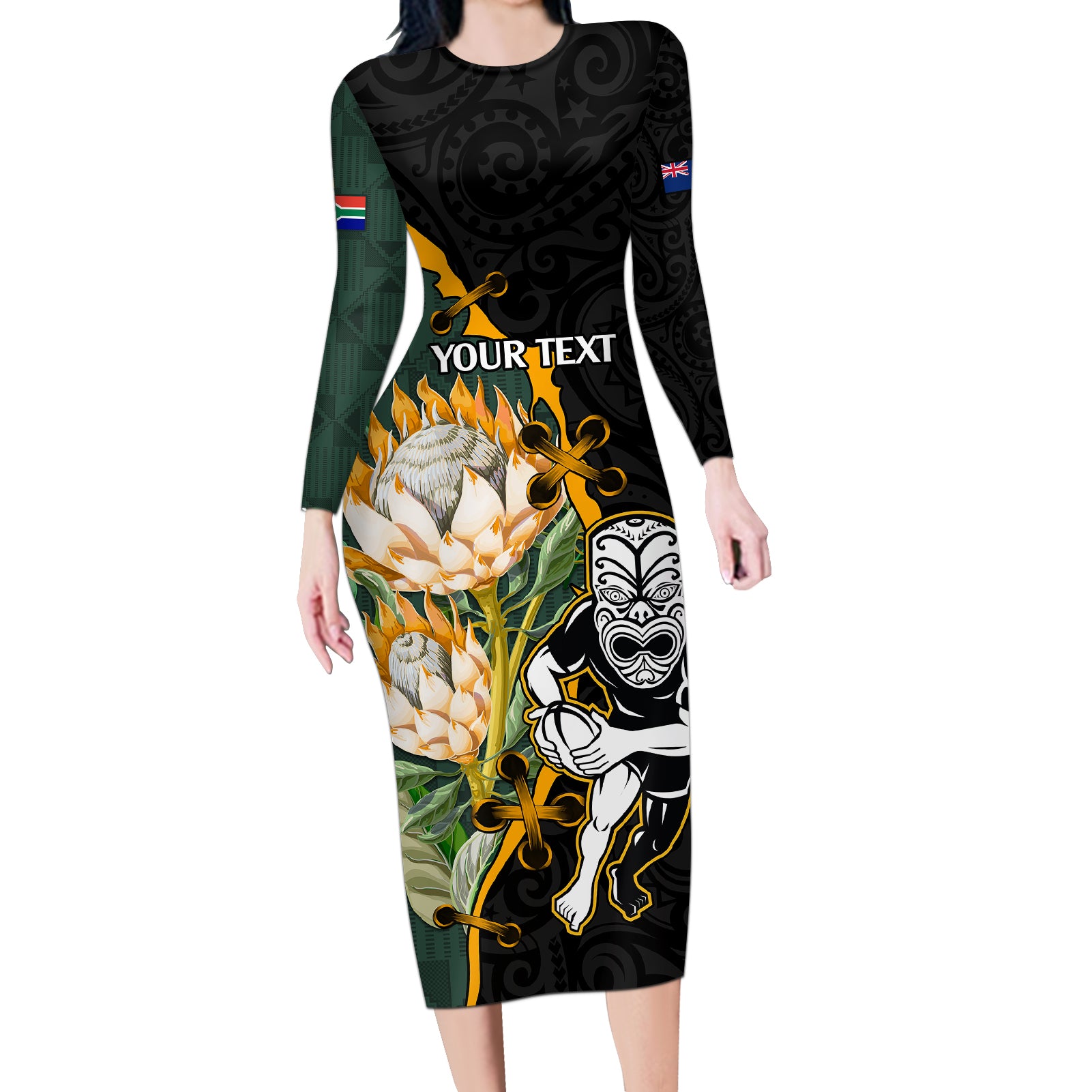 Custom South Africa Protea and New Zealand Long Sleeve Bodycon Dress Go All Black-Springboks Rugby with Kente And Maori LT9